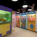 Colorful Cartoon Themed Claw Machine Area With Soft Toys And Animal Characters