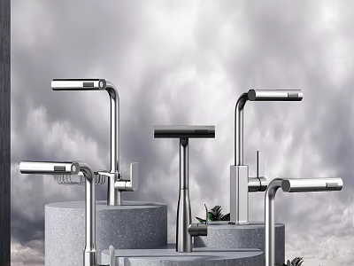 Modern Stainless Steel Faucets With Sleek Design On Gray Stone Bases 3d model
