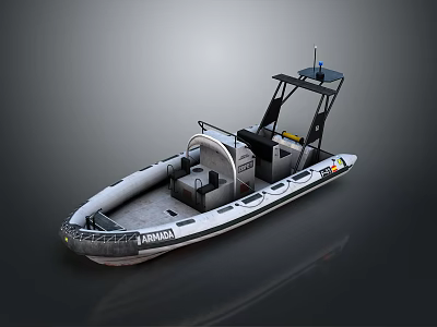 Inflatable Patrol Boat With Control Console Seats And Antenna On Gray Background 3d model