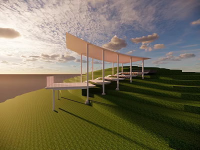 Modern Landscape Pavilion With White Roof On Green Grass Terraced Terrain Under Cloudy Sky 3d model