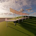 Modern Landscape Pavilion With White Roof On Green Grass Terraced Terrain Under Cloudy Sky