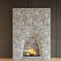 White Marble and Stone TV Wall Design with Arched Fireplace Flames Dark Wood Herringbone Floor