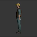 3D Character Wearing Yellow Hat Brown Vest And Blue Striped Outfit With Brown Shoes