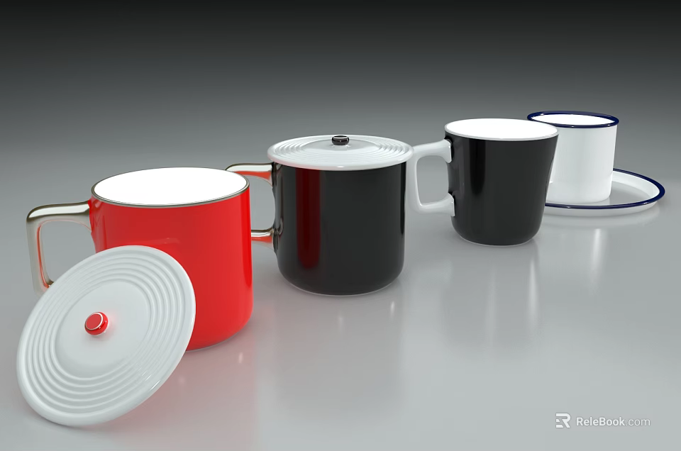 Red Black White Mugs With Lids And Saucers On Table 3d model