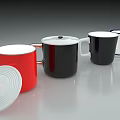 Red Black White Mugs With Lids And Saucers On Table 3d model