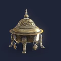 Golden Intricate Carved Ornament Set With Lid And Decorative Legs Shiny Metallic Home Decor