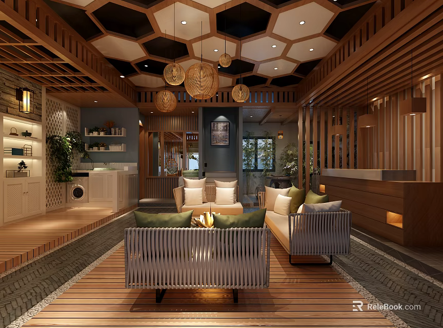 Modern Living Dining Room Interior Design With Hexagonal Ceiling Sofa Plants And Wooden Flooring 3d model 