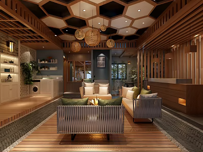 Modern Living Dining Room Interior Design With Hexagonal Ceiling Sofa Plants And Wooden Flooring 3d model