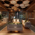 Modern Living Dining Room Interior Design With Hexagonal Ceiling Sofa Plants And Wooden Flooring