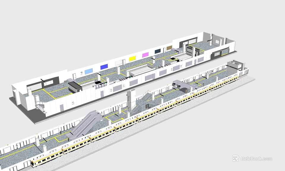 Modern Railway Station Layout With Platforms Tracks Escalators And Waiting Areas 3d model 