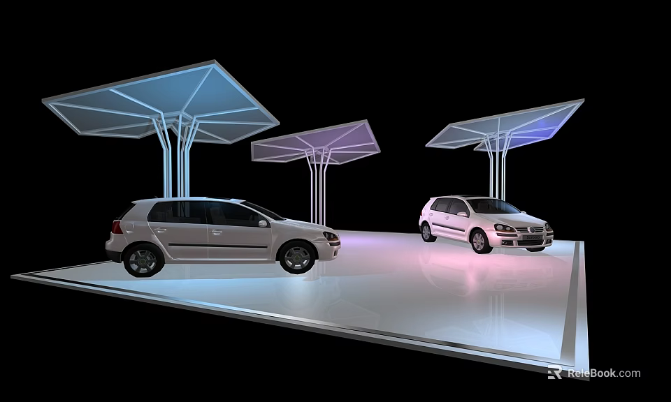 Modern Display Shelves with Transparent Canopies Showcasing Cars on Exhibition Platform 3d model 