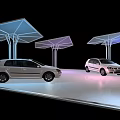 Modern Display Shelves with Transparent Canopies Showcasing Cars on Exhibition Platform