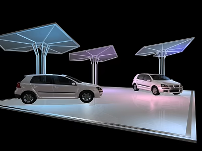 Modern Display Shelves with Transparent Canopies Showcasing Cars on Exhibition Platform 3d model