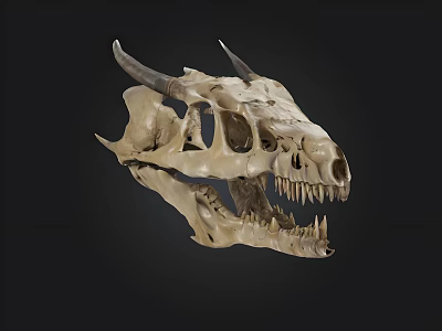 Detailed Anatomical Dinosaur Skull Fossil With Sharp Teeth And Horns 3d model