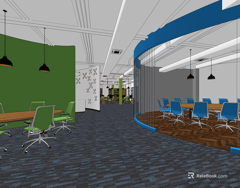 Contemporary Conference Room Interior With Green Walls Blue Chairs Glass Partition And Pendant Lights 3d model 