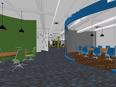 Contemporary Conference Room Interior With Green Walls Blue Chairs Glass Partition And Pendant Lights 3d model