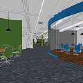 Contemporary Conference Room Interior With Green Walls Blue Chairs Glass Partition And Pendant Lights