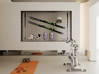 Home Gym Organization With Ski Equipment Exercise Bike And Yoga Mat Storage 3d model