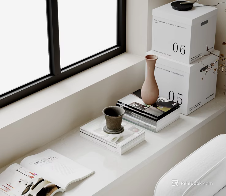 Minimalist Decorative Ornament Set With Vase Small Cup Stacked Books White Boxes On Window Sill 3d model 