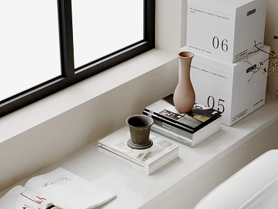 Minimalist Decorative Ornament Set With Vase Small Cup Stacked Books White Boxes On Window Sill 3d model