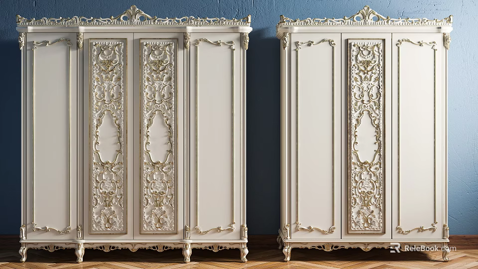 Ornate Classic White Wardrobe Design With Intricate Carved Details And Elegant Finish 3d model 