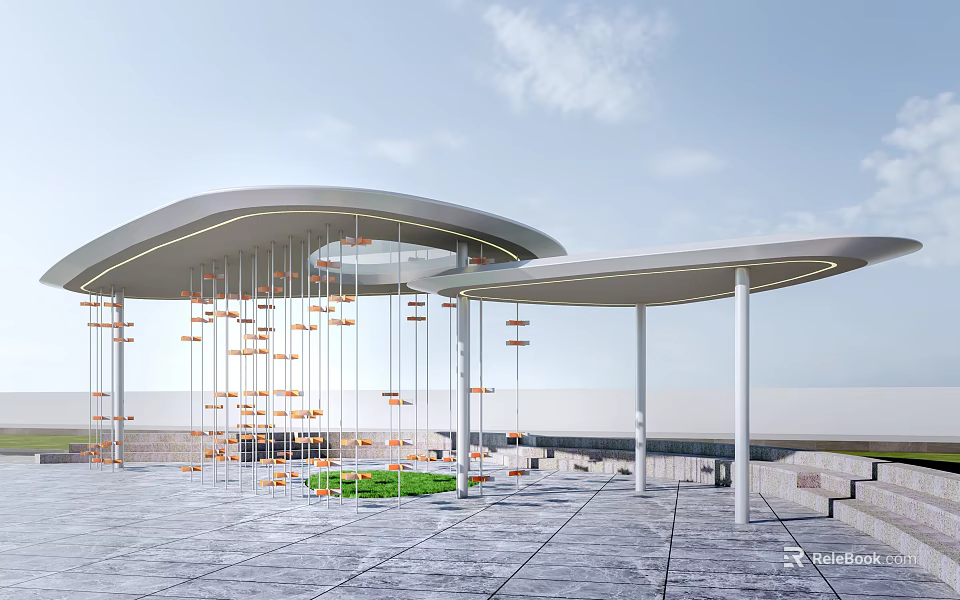 Modern Outdoor Architectural Structure With Curved Roof Hanging Decorations And Green Plants Plaza 3d model 