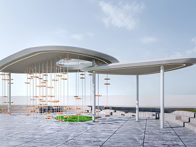Modern Outdoor Architectural Structure With Curved Roof Hanging Decorations And Green Plants Plaza 3d model