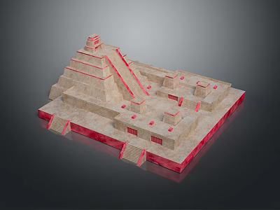 Stepped Pyramid Architectural Structure With Stone Terraces Staircases And Red Edge Accents 3d model