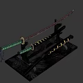 Traditional Swords With Green Scabbards And Golden Fittings On Black Stand