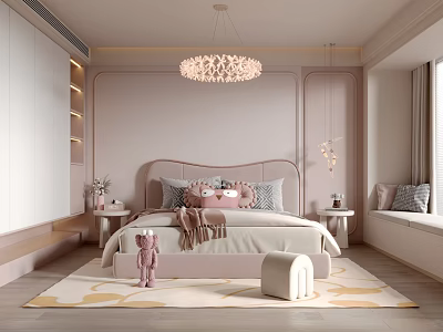 Elegant Modern Pink Children's Room Interior With Bed Chandelier Stuffed Toy And Rug 3d model