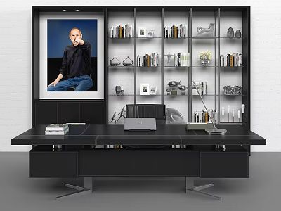 Modern Office Desk Setup With Laptop Books Table Lamp Decorative Bookshelf And Wall Portrait 3d model