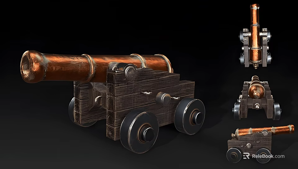Antique Copper Cannon With Wooden Carriage And Wheels In Various Sizes 3d model 