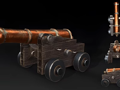 Antique Copper Cannon With Wooden Carriage And Wheels In Various Sizes 3d model