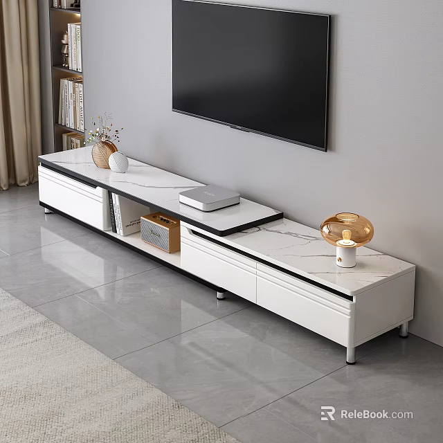 Modern White TV Stand with Marble Top Gold Lamp Decorative Vase and Storage Box 3d model 
