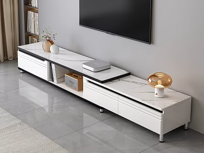 Modern White TV Stand with Marble Top Gold Lamp Decorative Vase and Storage Box 3d model