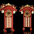 Traditional Red Art Installation With Golden Roof Structure Circular Patterns And Lantern Elements 3d model