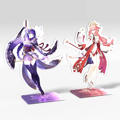 Anime Style Acrylic Decorative Figurine Set With Purple Pink Characters Standing Transparent Base 3d model