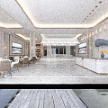 Modern Real Estate Sales Office Interior With Marble Reception Counter Hanging Chandeliers And Seating Area