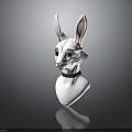White Rabbit Head Sculpture With Pink Ears Blue Eyes And Black Collar On Grey Background