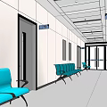 Modern Elevator Hallway With White Walls Blue Seats And Ceiling Lights 3d model