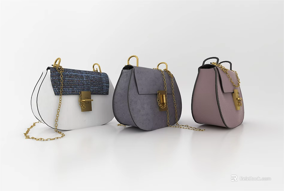 Stylish White Gray Pink Handbags With Gold Lock And Chain Strap 3d model 