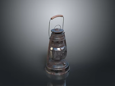Antique Vintage Kerosene Lantern With Rustic Metal Body And Wooden Handle 3d model