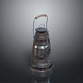 Antique Vintage Kerosene Lantern With Rustic Metal Body And Wooden Handle