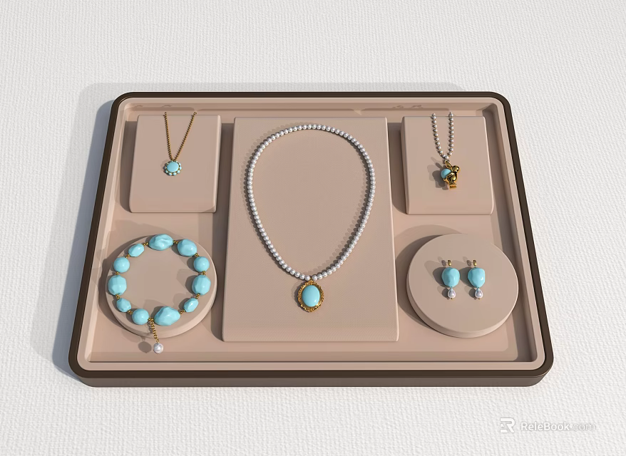Elegant Turquoise Jewelry Collection Including Necklace Bracelet Earrings In Brown Tray 3d model 