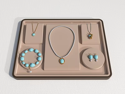 Elegant Turquoise Jewelry Collection Including Necklace Bracelet Earrings In Brown Tray 3d model