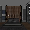 Modern Bedroom Interior With Dark Wooden Accent Wall Large Bed Soft Rug And Pendant Lights