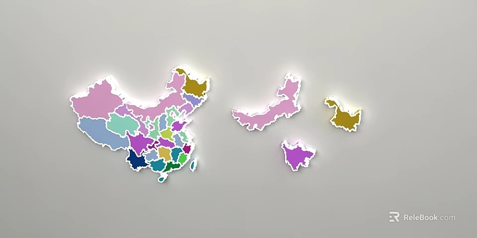 Colorful China Map Sculpture Carving With Regional Sections And Attached Islands 3d model 