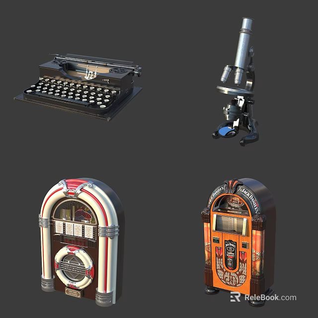 Antique Typewriter Microscope and Two Classic Jukeboxes in Vintage Collection 3d model 