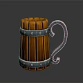Wooden Striped Household Mug With Metal Accents And Curved Handle