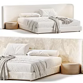 Double Bed with Upholstered Headboard White Bedding Cozy Blanket Round Nightstand and Color Options